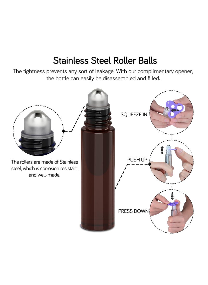 PrettyCare PrettyCare Roller Bottles For Oils 10 ml (Amber Glass, 24 Pack, 1 Extra Stainless Steel Balls, 12 Labels, 1 Opener, 1 Funnels Essential Oil Roller Bottles, Roller on Bottles  - Image 4