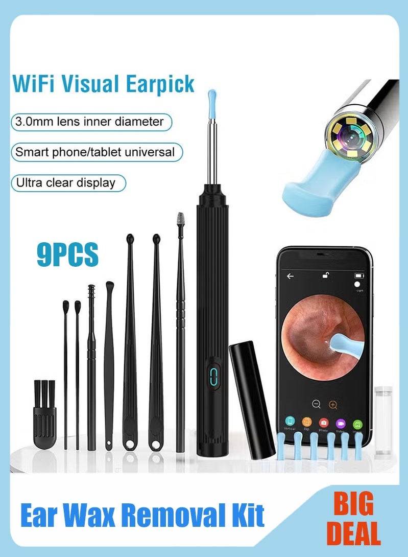 Ear Wax Removal - 2000w HD camera with Camera Earwax Remover Tool with 9 Pcs Ear Set - Earwax Removal Kit with Light -With 6 soft silicone ear spoons - Ear Cleaner for iOS & Android - Image 1