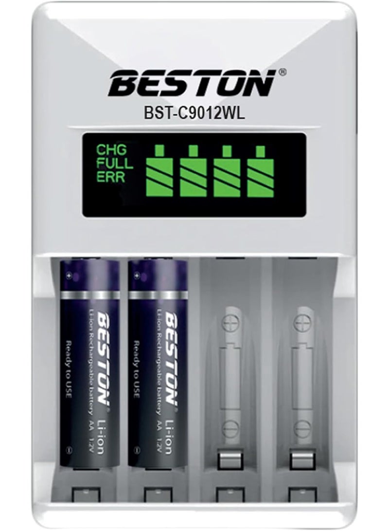 بيستون شاحن بطاريات ذكي بشاشة LCD طراز C9012WL مع 4 بطاريات قابلة لإعادة الشحن من نوع AA بسعة 2500 مللي أمبير، شحن سريع لبطاريات AA/AAA Ni-MH و Ni-Cd، نظام حماية ذكي للسلامة - Image 2
