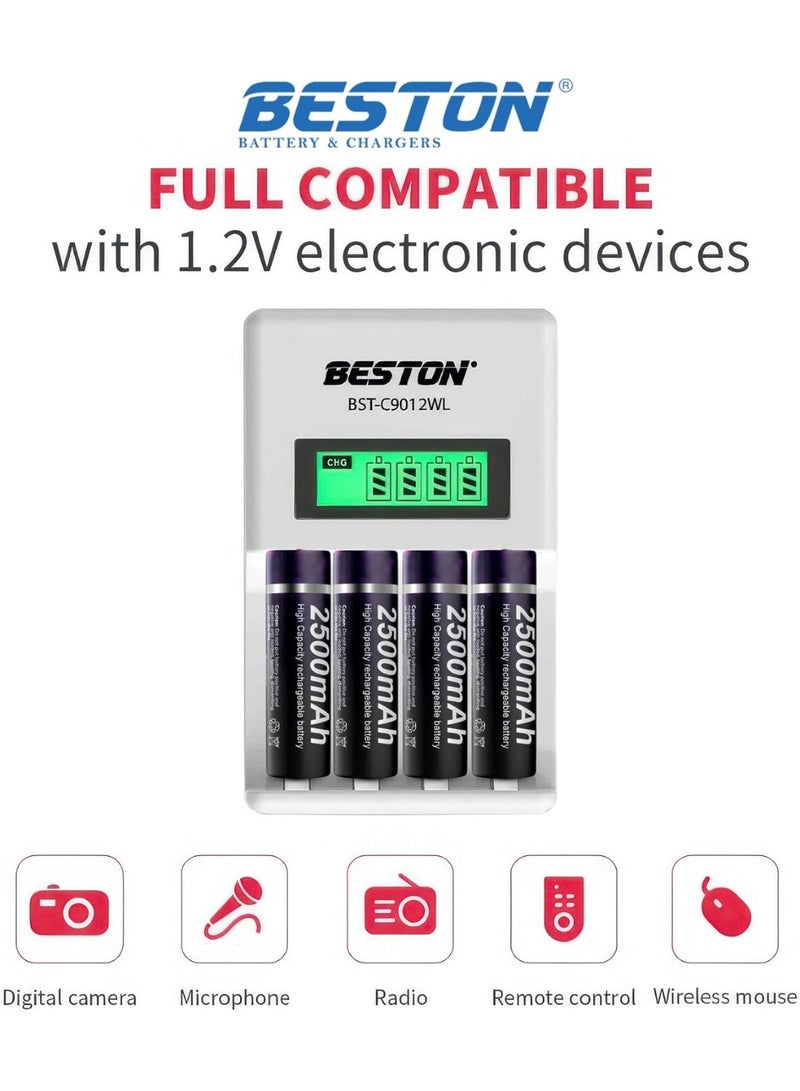 بيستون شاحن بطاريات ذكي بشاشة LCD طراز C9012WL مع 4 بطاريات قابلة لإعادة الشحن من نوع AA بسعة 2500 مللي أمبير، شحن سريع لبطاريات AA/AAA Ni-MH و Ni-Cd، نظام حماية ذكي للسلامة - Image 5