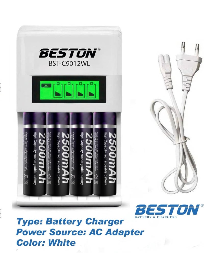 بيستون شاحن بطاريات ذكي بشاشة LCD طراز C9012WL مع 4 بطاريات قابلة لإعادة الشحن من نوع AA بسعة 2500 مللي أمبير، شحن سريع لبطاريات AA/AAA Ni-MH و Ni-Cd، نظام حماية ذكي للسلامة - Image 3