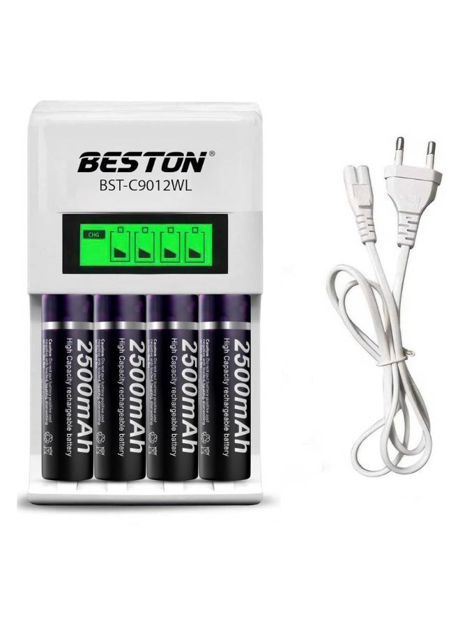 بيستون شاحن بطاريات ذكي بشاشة LCD طراز C9012WL مع 4 بطاريات قابلة لإعادة الشحن من نوع AA بسعة 2500 مللي أمبير، شحن سريع لبطاريات AA/AAA Ni-MH و Ni-Cd، نظام حماية ذكي للسلامة - Image 1