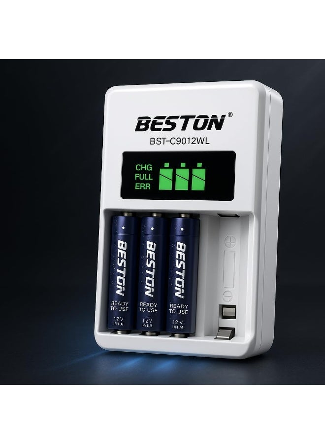 بيستون شاحن بطاريات ذكي بشاشة LCD طراز C9012WL مع 4 بطاريات قابلة لإعادة الشحن من نوع AA بسعة 2500 مللي أمبير، شحن سريع لبطاريات AA/AAA Ni-MH و Ni-Cd، نظام حماية ذكي للسلامة - Image 4