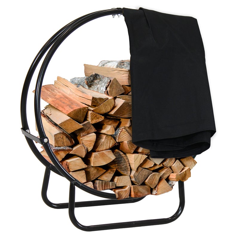 Sunnydaze Sunnydaze 24 Inch Firewood Rack Outdoor with Cover  Indoor Firewood Holder  Round Wood Rack  Log Holder Hoop and Cover Set  Black