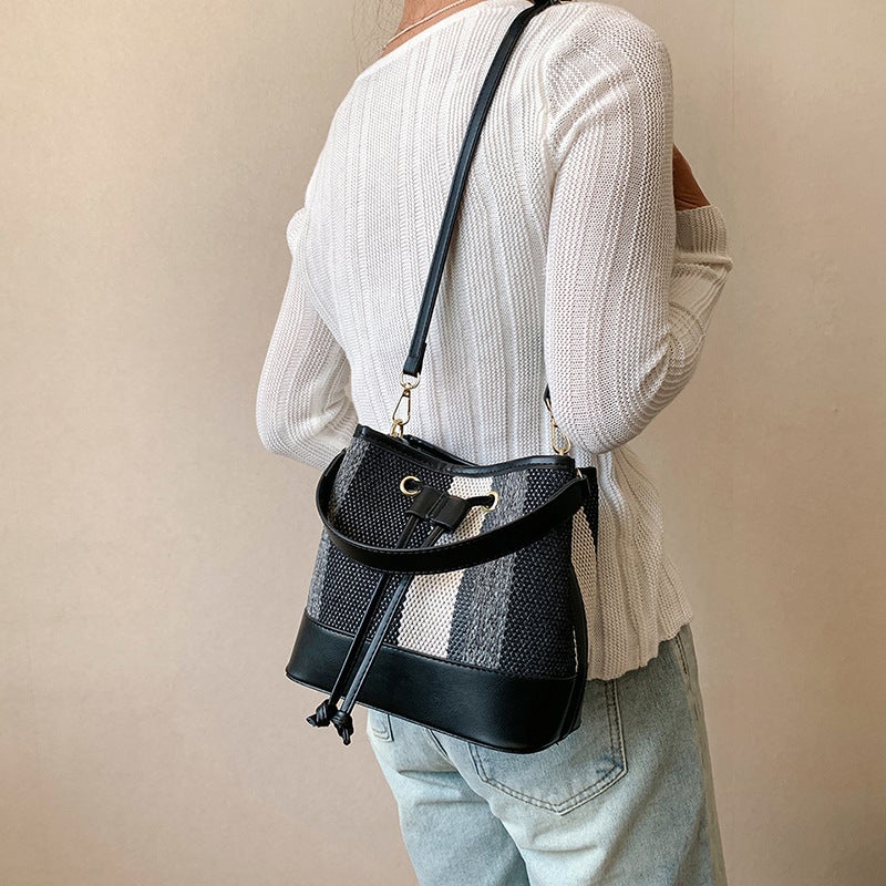 Large Capacity Women'S Bag 2023 Striped Patchwork Bucket Bag Korean Style Casual Shoulder Crossbody Bag Storage Canvas - Image 2