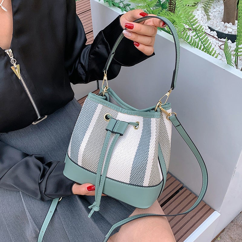 Large Capacity Women'S Bag 2023 Striped Patchwork Bucket Bag Korean Style Casual Shoulder Crossbody Bag Storage Canvas - Image 5