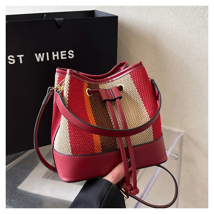 Large Capacity Women'S Bag 2023 Striped Patchwork Bucket Bag Korean Style Casual Shoulder Crossbody Bag Storage Canvas - Image 1