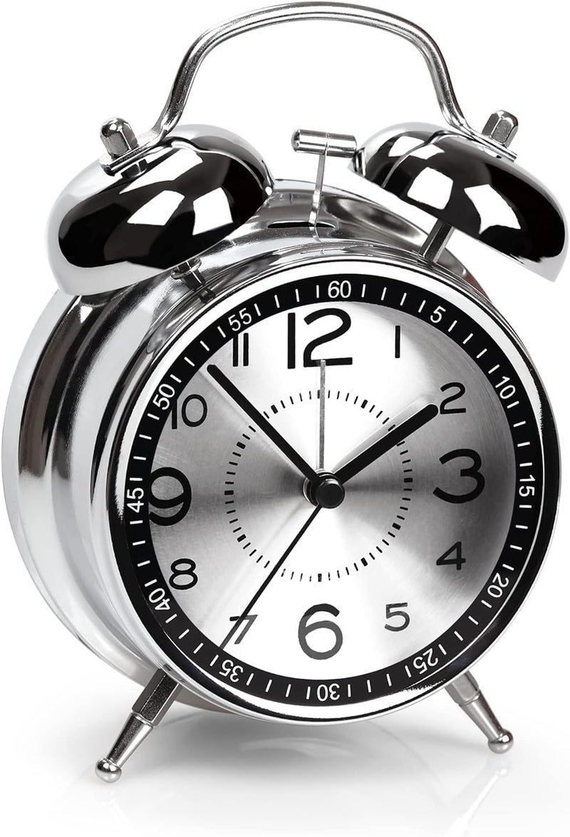 HOME SKILL ®Analog Alarm Clock for Heavy Sleepers Loud Clock for Adults, Metal 4 Inches Twin Bell Table Clock with Backlight Alarm Clocks for Students Decoration Bedroom/Office (Metal Silver) - Image 1