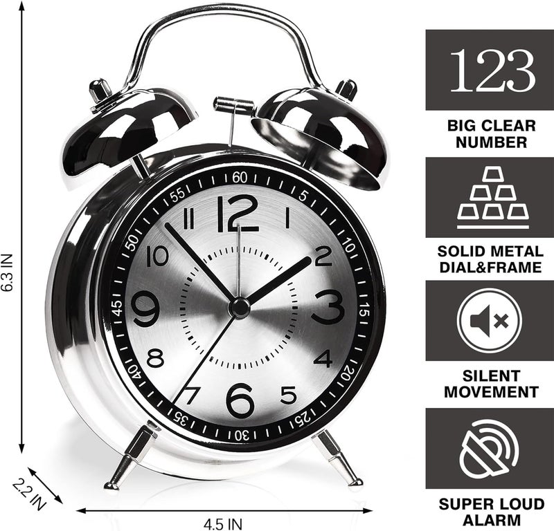 HOME SKILL ®Analog Alarm Clock for Heavy Sleepers Loud Clock for Adults, Metal 4 Inches Twin Bell Table Clock with Backlight Alarm Clocks for Students Decoration Bedroom/Office (Metal Silver) - Image 2