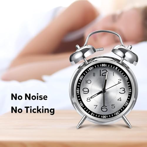 HOME SKILL ®Analog Alarm Clock for Heavy Sleepers Loud Clock for Adults, Metal 4 Inches Twin Bell Table Clock with Backlight Alarm Clocks for Students Decoration Bedroom/Office (Metal Silver) - Image 3