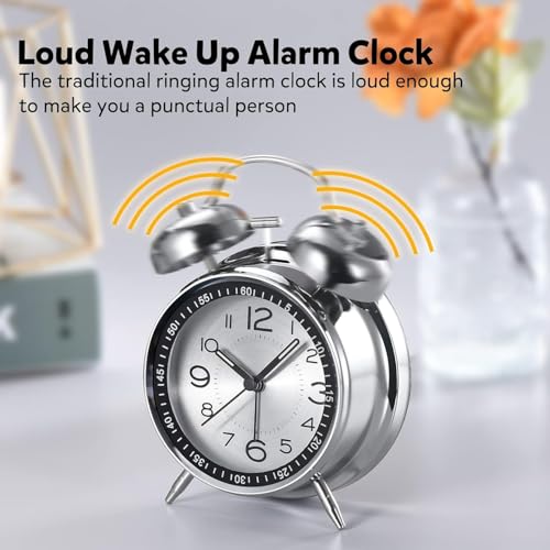 HOME SKILL ®Analog Alarm Clock for Heavy Sleepers Loud Clock for Adults, Metal 4 Inches Twin Bell Table Clock with Backlight Alarm Clocks for Students Decoration Bedroom/Office (Metal Silver) - Image 4