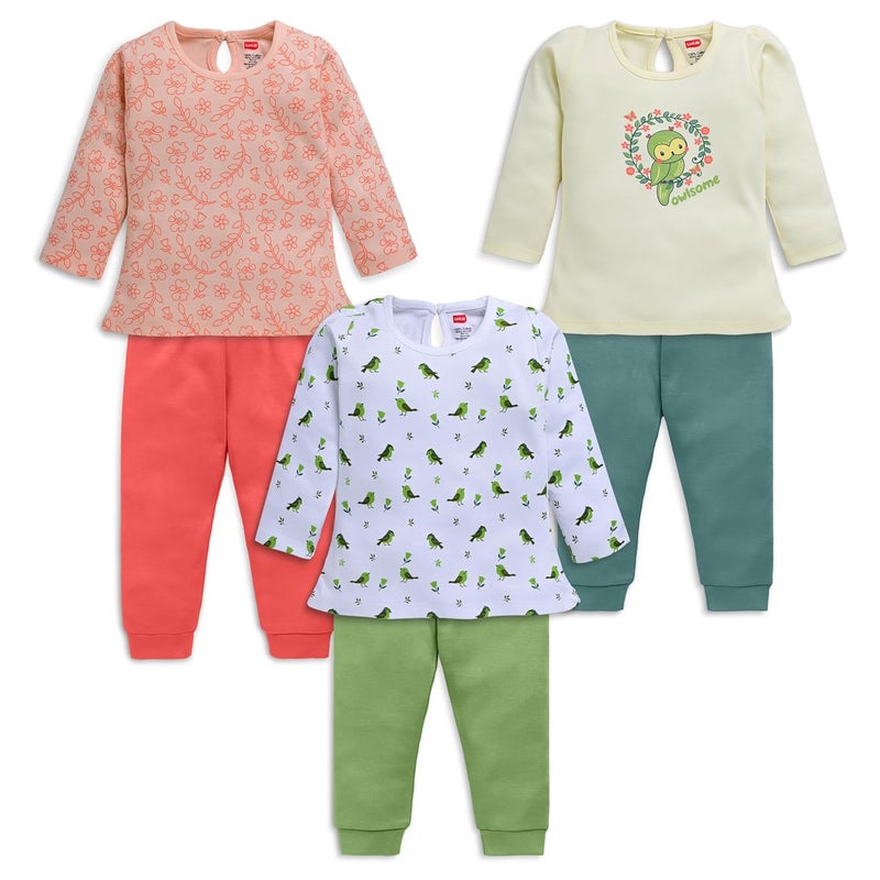 LuvLap Baby Girl Cotton Printed Pack of 3 Full Sleeve Top & Pyjama Set, XXL (18 to 24 Months), Assorted - Image 1
