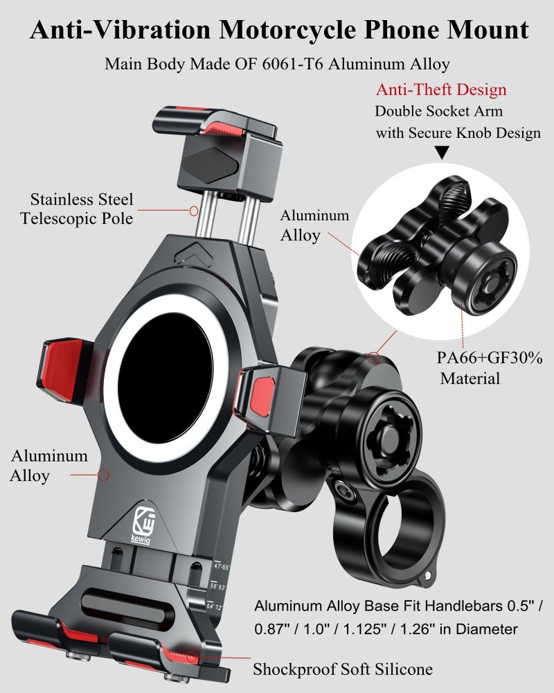 BRCOVAN Anti-Theft Aluminum Alloy Motorcycle Phone Mount with Vibration Dampener & High-Speed Secure Lock, Adjustable Bike Handlebar Cellphone Holder for Bicycle Scooter ATV, Fit 4.7-7.2'' Smartphone - Image 2