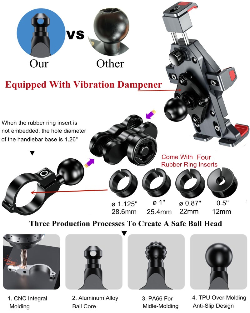 BRCOVAN Anti-Theft Aluminum Alloy Motorcycle Phone Mount with Vibration Dampener & High-Speed Secure Lock, Adjustable Bike Handlebar Cellphone Holder for Bicycle Scooter ATV, Fit 4.7-7.2'' Smartphone - Image 4