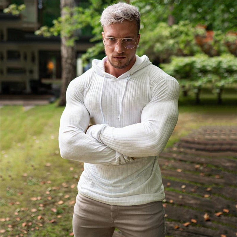 Autumn and Winter Men's Casual Sports Knitted Long-sleeved T-shirt European and American Fashion Pullover Fitness Hooded Training Base Shirt - Image 3