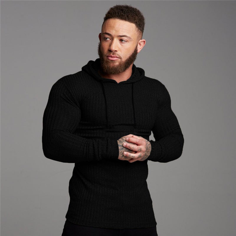 Autumn and Winter Men's Casual Sports Knitted Long-sleeved T-shirt European and American Fashion Pullover Fitness Hooded Training Base Shirt - Image 1