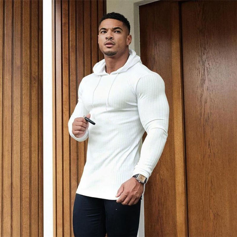 Autumn and Winter Men's Casual Sports Knitted Long-sleeved T-shirt European and American Fashion Pullover Fitness Hooded Training Base Shirt - Image 2