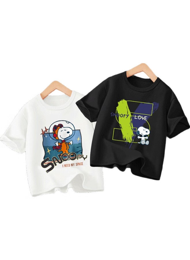 Snoopy (Snoopy) [2-Pack] Children'S Short-Sleeve T-Shirt, Boys And Girls Pure Cotton Summer Wear, Black V-Shaped Letter + White Astronaut, Size 160 - Image 2