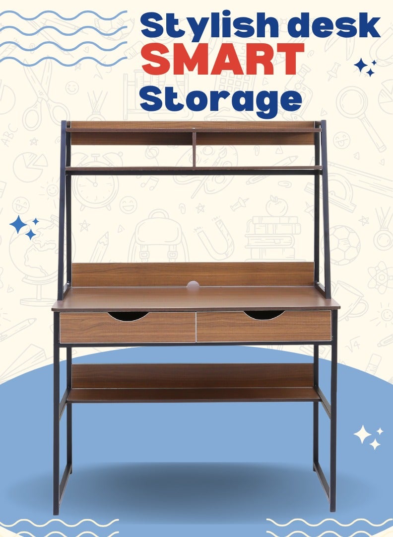 اي اف تي مكتب عصري متعدد الطبقات مع أرفف وأدراج وإطار معدني - مثالي للمكتب المنزلي أو الدراسة أو محطة العمل - بني جوزي (عرفان) - Image 2