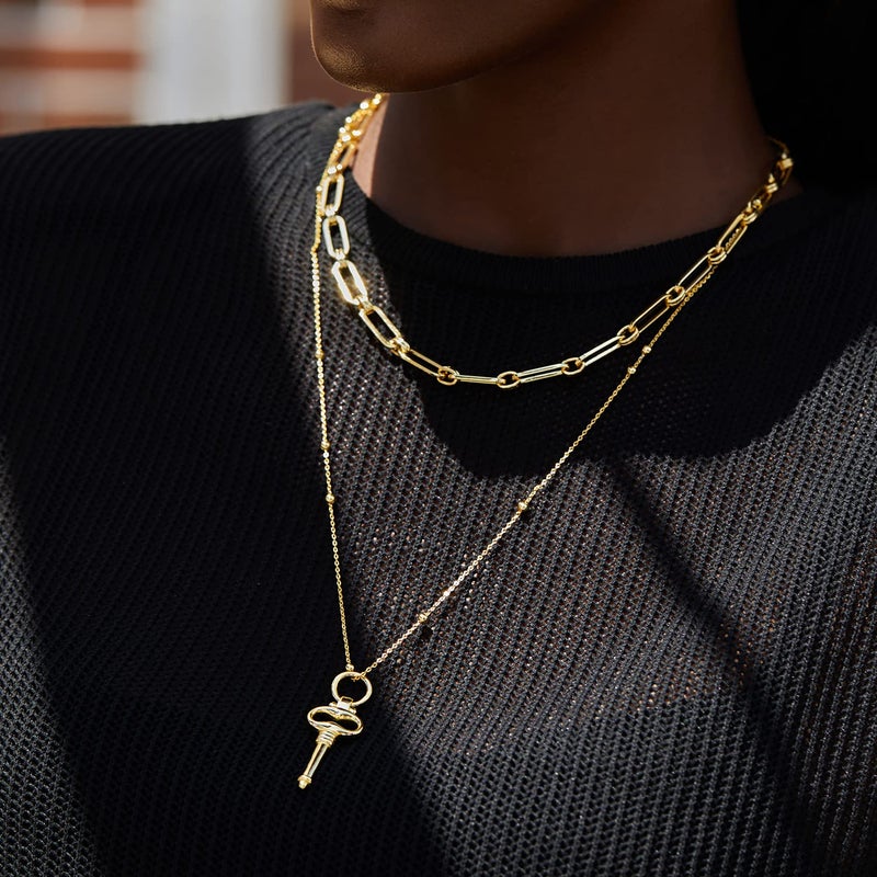 FRUMOS Dainty Layered Choker Necklace 18K Gold Plated Y Pendant Necklace Multilayer Bar Disc Necklace Adjustable Layering Choker Necklaces for Women Girlsï¼ˆGold key Pendantï¼‰ - Image 5