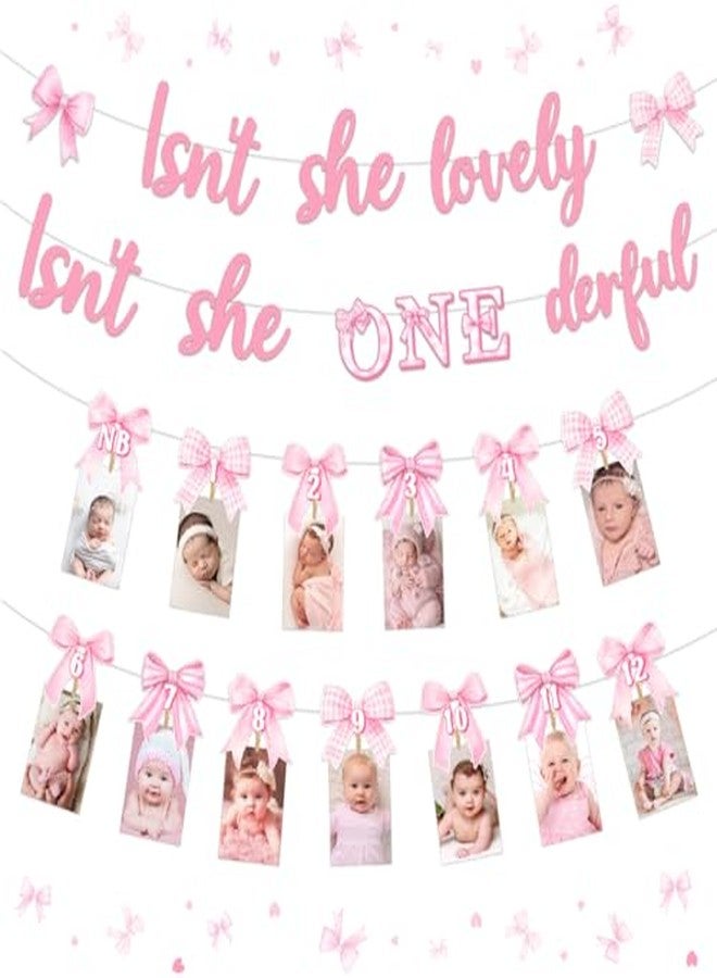 Blisstock Pink Bow 1st Birthday Decorations Isnt She Lovely Isnt She Onederful Banner Pink Bowkont First Birthdays Photo Banner Onederful 1st Birthdays Decors for Girl Newborn to 12 Months Photo Banner Supplies - Image 1