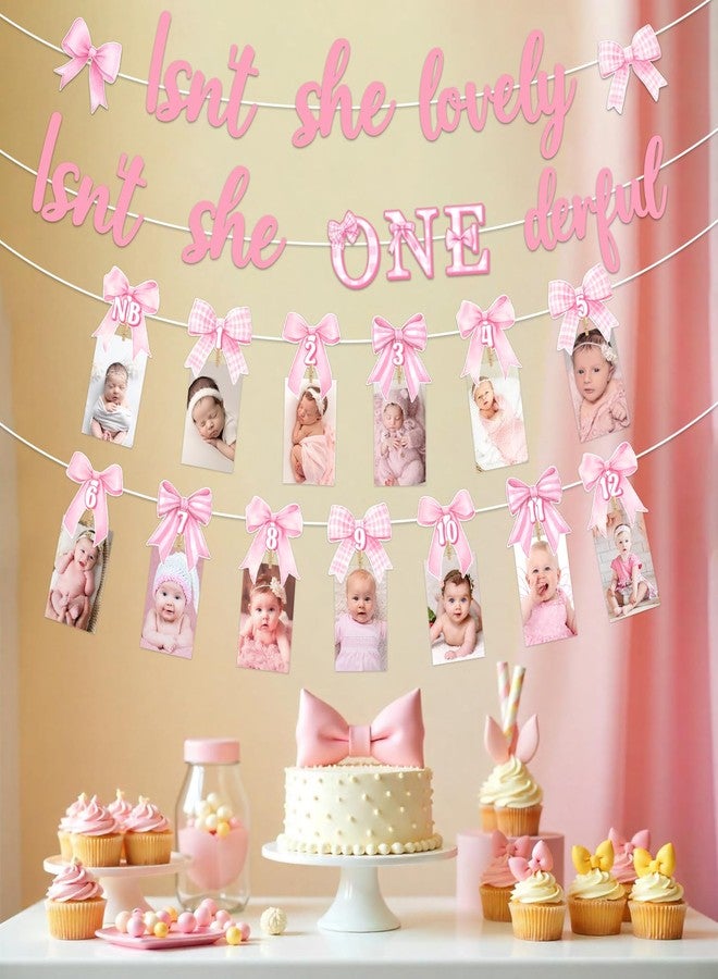 Blisstock Pink Bow 1st Birthday Decorations Isnt She Lovely Isnt She Onederful Banner Pink Bowkont First Birthdays Photo Banner Onederful 1st Birthdays Decors for Girl Newborn to 12 Months Photo Banner Supplies - Image 2