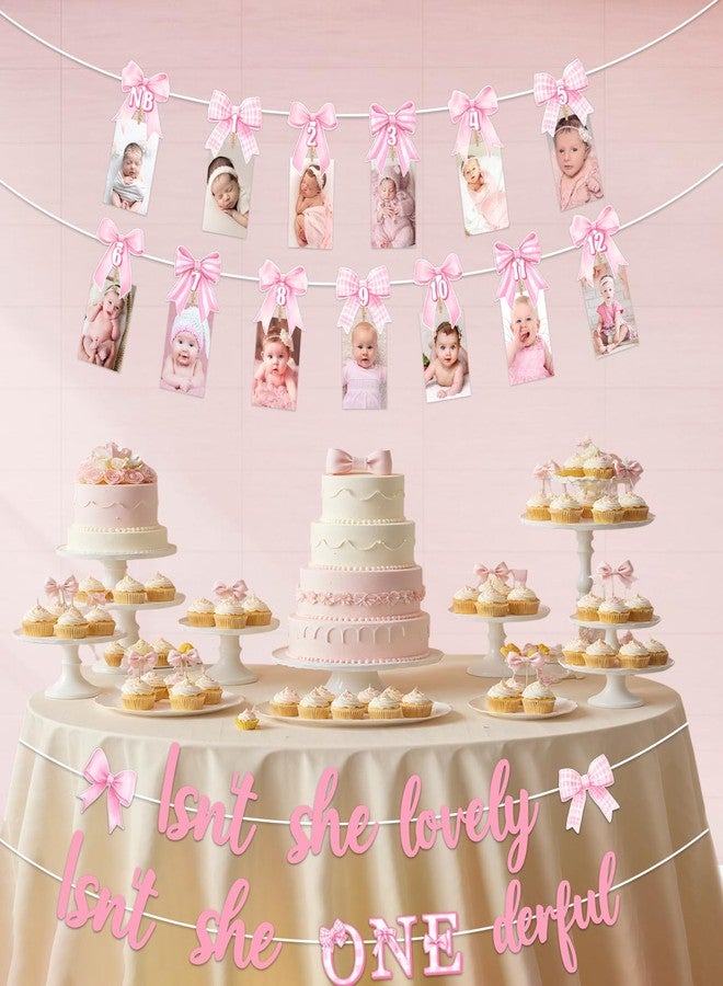 Blisstock Pink Bow 1st Birthday Decorations Isnt She Lovely Isnt She Onederful Banner Pink Bowkont First Birthdays Photo Banner Onederful 1st Birthdays Decors for Girl Newborn to 12 Months Photo Banner Supplies - Image 3
