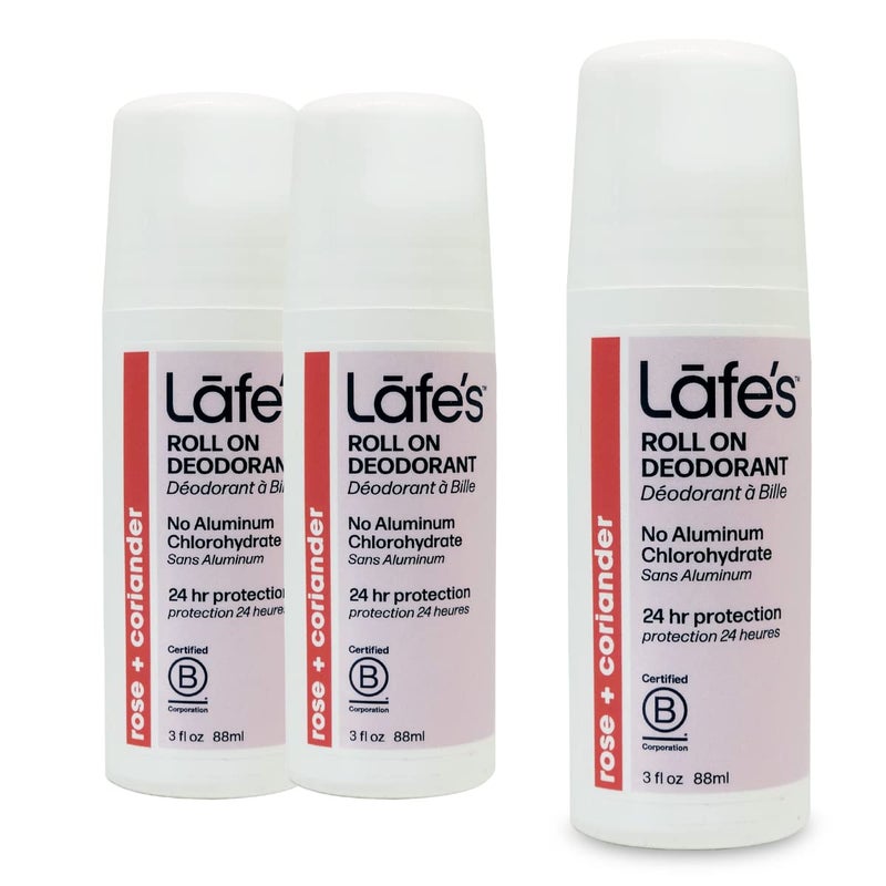 Lafes Natural Deodorant  3 Ounce RollOn Aluminum Free Natural Deodorant  Rose  Coriander 3 Pack