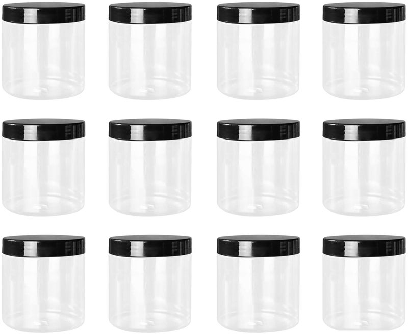 Lawei 12 Pack Plastic Jars with Lids 16 Oz Clear Storage Jars with Black Screw Lids Refillable Round PET Plastic Containers Wide Jar for Dry Food Spice Nuts Candies Honey Jam