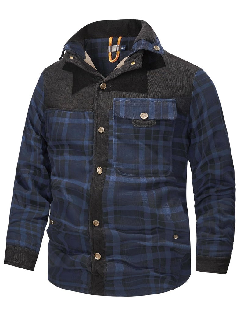 Gihuo Men's Long Sleeve Sherpa Lined Shirts Outdoor Warm Flannel Plaid Jacket Button Down Fleece Coats(Navy-XXL) - Image 5