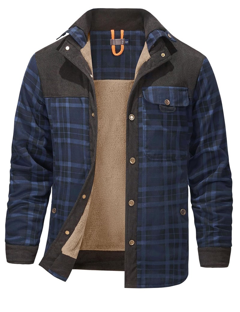 Gihuo Men's Long Sleeve Sherpa Lined Shirts Outdoor Warm Flannel Plaid Jacket Button Down Fleece Coats(Navy-XXL) - Image 1
