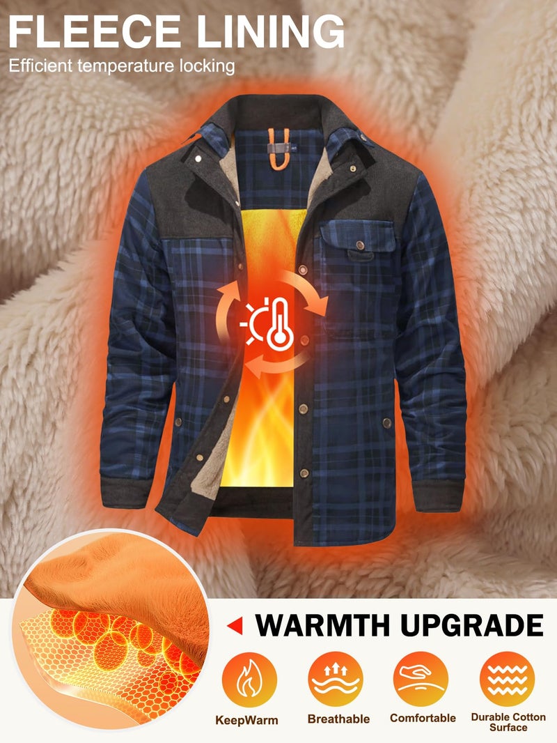 Gihuo Men's Long Sleeve Sherpa Lined Shirts Outdoor Warm Flannel Plaid Jacket Button Down Fleece Coats(Navy-XXL) - Image 2