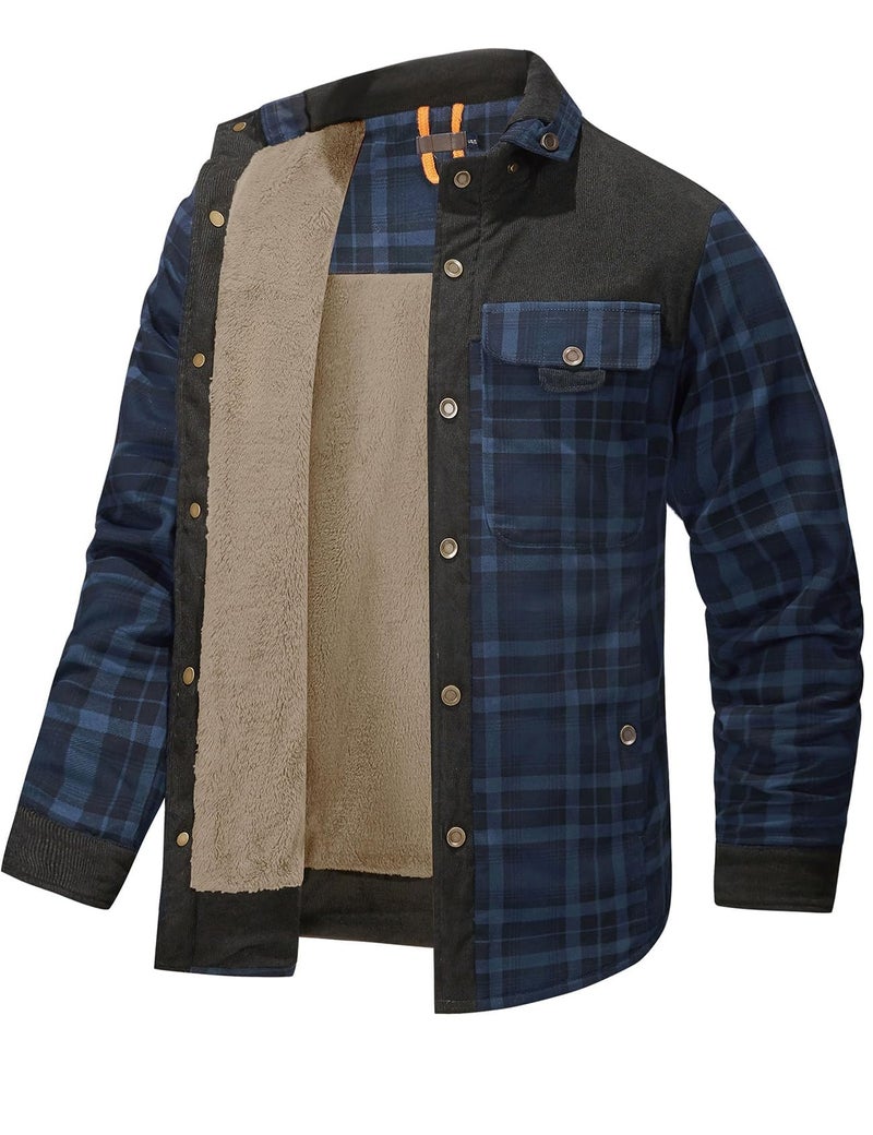 Gihuo Men's Long Sleeve Sherpa Lined Shirts Outdoor Warm Flannel Plaid Jacket Button Down Fleece Coats(Navy-XXL) - Image 4