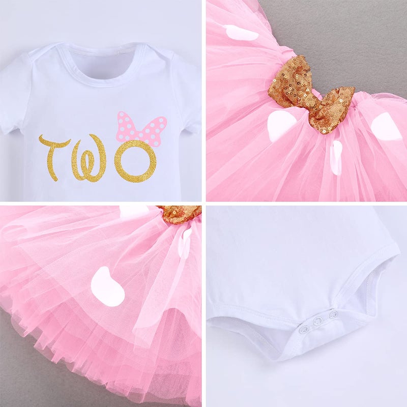 IMEKIS Toddler Baby Girl Second 2nd Birthday Cake Smash Outfit Infant Girl 1st Birthday Romper Tutu Skirt 3D Ear Mouse Headband Clothes Set Playwear Bodysuit Mouse Pink - Two - Image 5