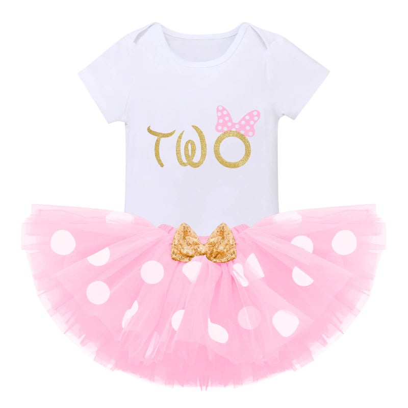 IMEKIS Toddler Baby Girl Second 2nd Birthday Cake Smash Outfit Infant Girl 1st Birthday Romper Tutu Skirt 3D Ear Mouse Headband Clothes Set Playwear Bodysuit Mouse Pink - Two - Image 1