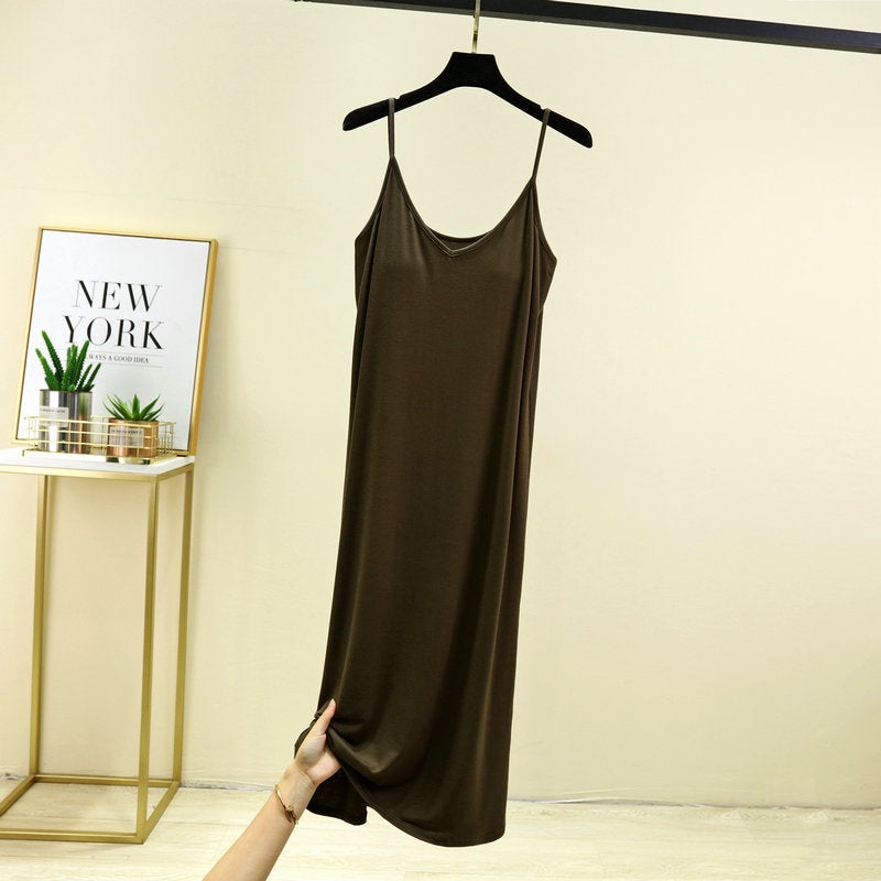 Womens One-piece V-neck Sling Base Skirt with Chest Pad Summer Long Nightgown Home Skirt Outer Wearing Dress curry green 