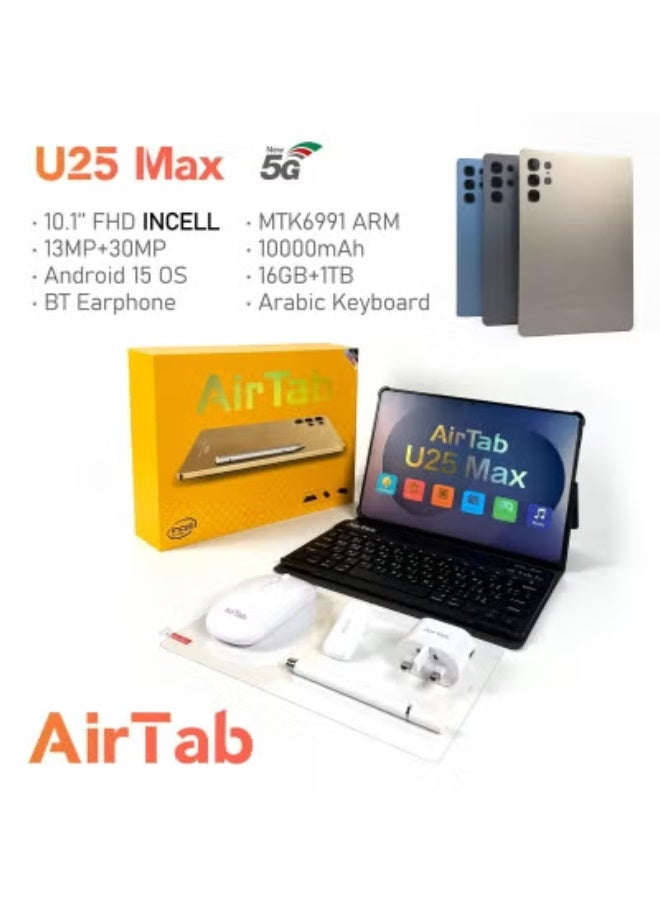 AirTab Airtab U25 Max Smart Tablet – 10.1-Inch FHD Display, 16GB RAM, 1TB Storage, 10000mAh Battery, Dual Camera, Face Unlock, Wireless Arabic Keyboard – High-Performance Sleek Black Android Tablet  - Image 2