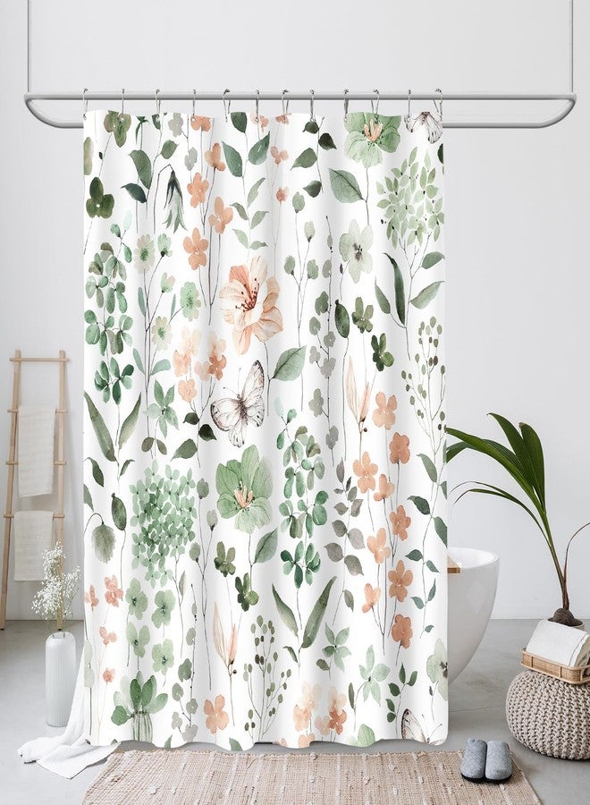 MAYZUS Cute Floral Shower Curtain, Sage Green Flower Fabric Shower Curtains for Bathroom, Spring Summer Wildflower Butterfly Cloth Shower Curtain Set with Hooks, 72x72 - Image 2