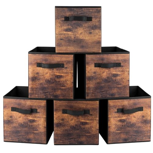 EWES 11 Inch Fabric Storage Cubes, 6 Pack Foldable Storage Bins with Handle, Storage Baskets Box for Shelves, Closet, Organizer, Brown Black - Image 1