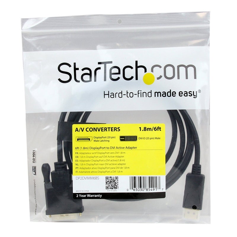 StarTech.com 6ft (1.8m) DisplayPort to DVI Cable - 1080p Video - Active DisplayPort to DVI Adapter Cable - DisplayPort to DVI-D Cable Single Link - DP 1.2 to DVI Monitor Cable Converter (DP2DVIMM6BS), Black - Image 2