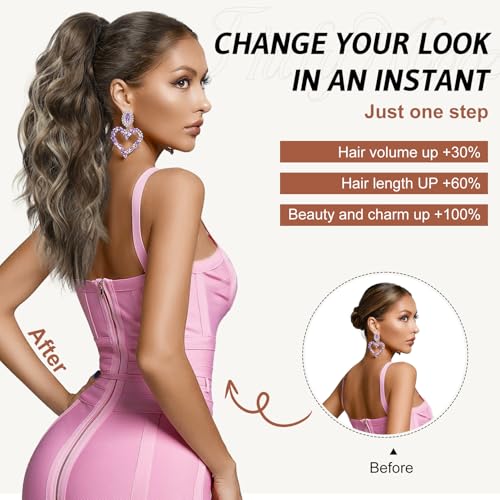 FLUFYMOOZ Ponytail Extension, 18 Inch Claw Clip Ponytail Extension, Wavy Curly Claw Clip in Ponytail Hair Extensions, Fake Ponytail Synthetic Hairpiece(Medium Brown with Medium Auburn) - Image 5