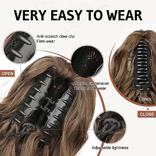 FLUFYMOOZ Ponytail Extension, 18 Inch Claw Clip Ponytail Extension, Wavy Curly Claw Clip in Ponytail Hair Extensions, Fake Ponytail Synthetic Hairpiece(Medium Brown with Medium Auburn) - Image 3