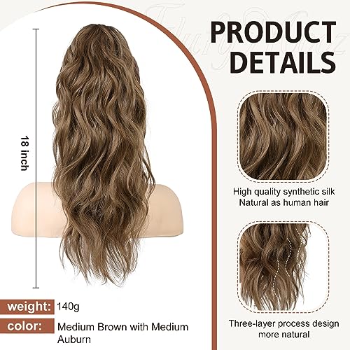 FLUFYMOOZ Ponytail Extension, 18 Inch Claw Clip Ponytail Extension, Wavy Curly Claw Clip in Ponytail Hair Extensions, Fake Ponytail Synthetic Hairpiece(Medium Brown with Medium Auburn) - Image 2