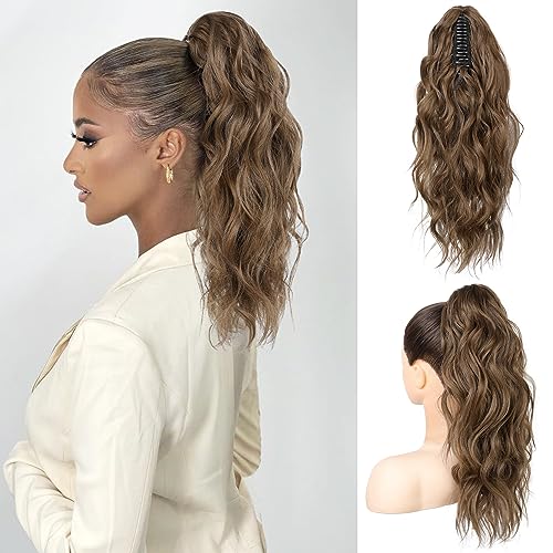 FLUFYMOOZ Ponytail Extension, 18 Inch Claw Clip Ponytail Extension, Wavy Curly Claw Clip in Ponytail Hair Extensions, Fake Ponytail Synthetic Hairpiece(Medium Brown with Medium Auburn) - Image 1