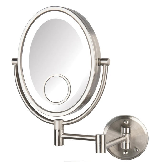 TWOSIDED WALLMOUNTED MAKEUP MIRROR WITH LIGHTS LIGHTED MAKEUP MIRROR WITH 10X MAGNIFICATION WALLMOUNT ARM OVAL MIRROR WITH NICKEL FINISH WALL MOUNT DIRECT WIRE MODEL HL9515NLD