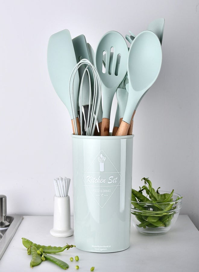 Wooden Handle Silicone Kitchenware 11-piece set Nine-color Optional Dark Grey - Image 4