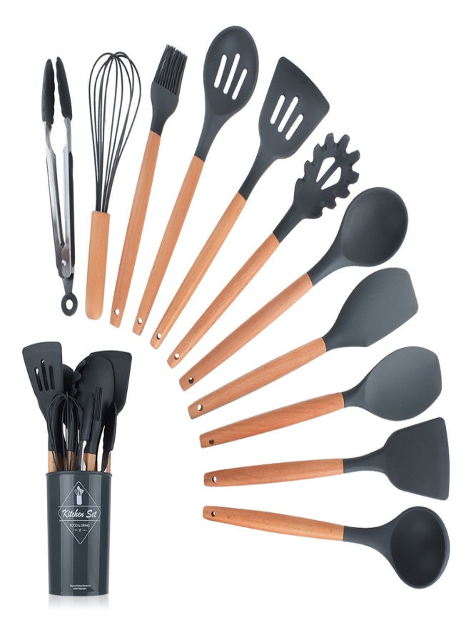 Wooden Handle Silicone Kitchenware 11-piece set Nine-color Optional Dark Grey - Image 1