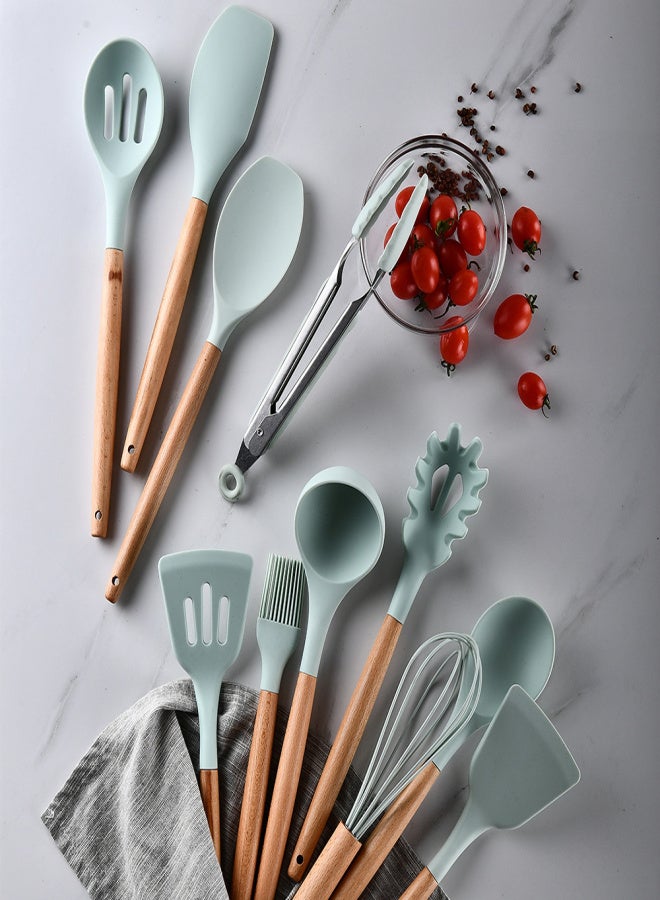 Wooden Handle Silicone Kitchenware 11-piece set Nine-color Optional Dark Grey - Image 2