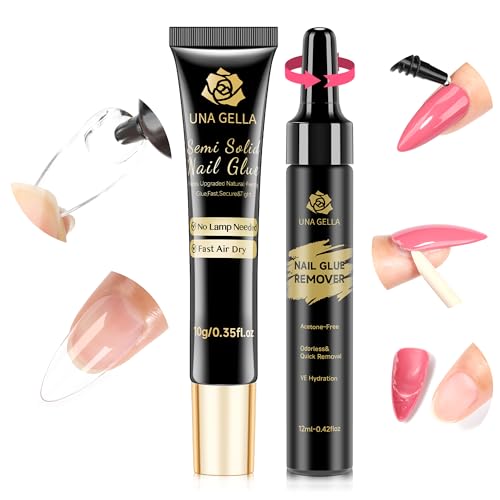 UNA GELLA Semi Solid Nail Glue for Press Ons Lamp-Free 10ml and Soak Off Gel Nail Glue Remover for False Acrylic Nails 12ml, Super Strong G lue Quick Removal Kit - Image 1