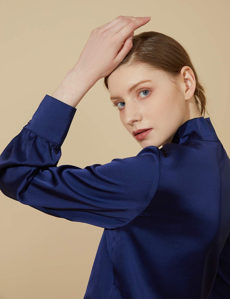 Escalier Women's Satin Silk Long Sleeve Button Down Shirt Casual Work Office Silky Blouse Top Navy M - Image 2